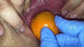 Tight pink pussy stretch open and gape by orange and apple intense fruit popping out of pink hole