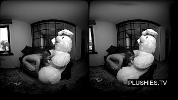 3D VR porn video, Lucy K sucking and jerking off teddy bear and receiving cum on tits